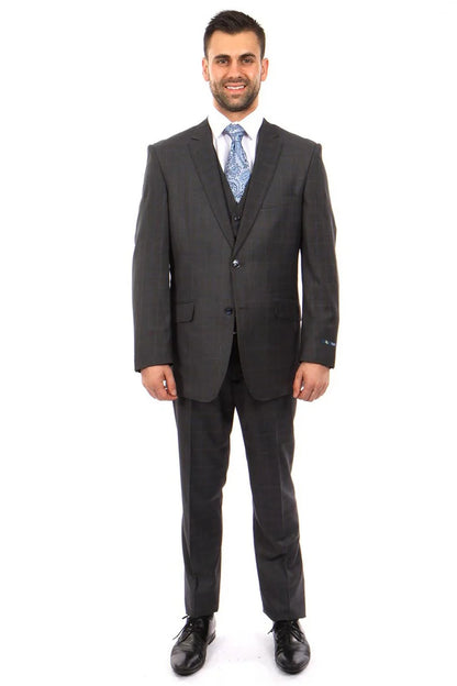 Mens Zegarie Brand Men's 100% Wool Modern Fit Vested Suit in Charcoal Grey & Blue Windowpane Plaid