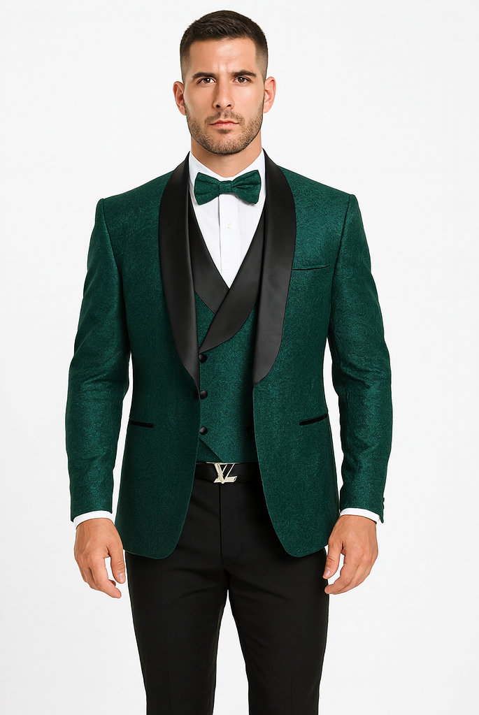 Men’s Hunter Green Vested Tuxedo – Floral Lace Designer Wedding Suit