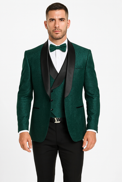 Men’s Hunter Green Vested Tuxedo – Floral Lace Designer Wedding Suit