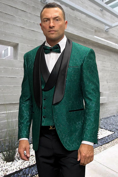 Men’s Hunter Green Vested Tuxedo – Floral Lace Designer Wedding Suit 9   - from alligatorwarehouse.com