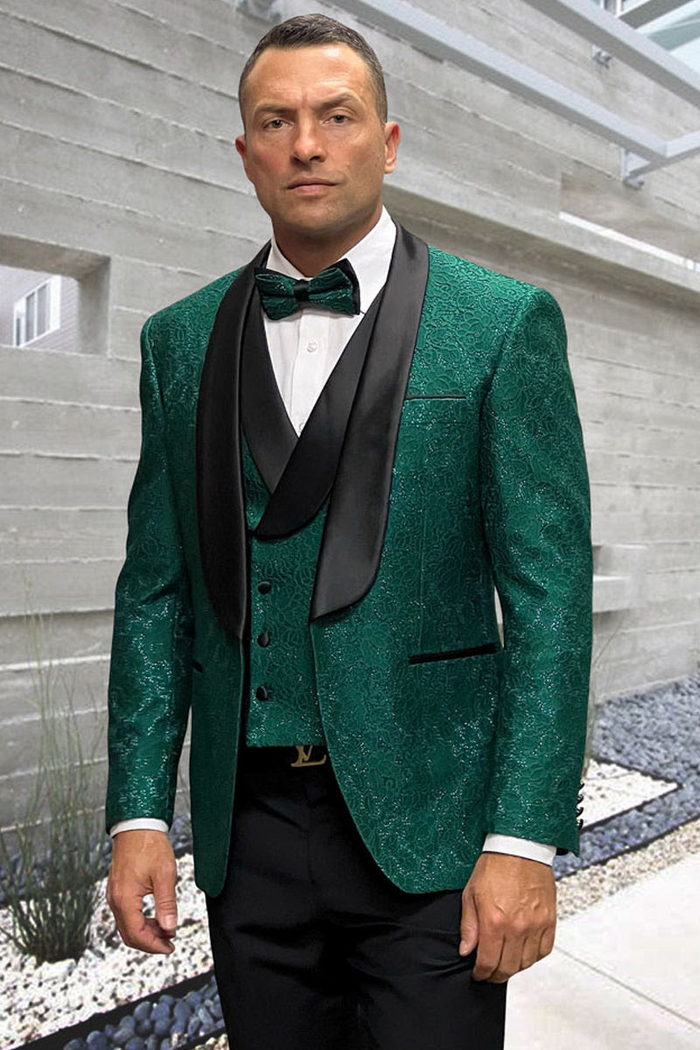 Men’s Hunter Green Vested Tuxedo – Floral Lace Designer Wedding Suit