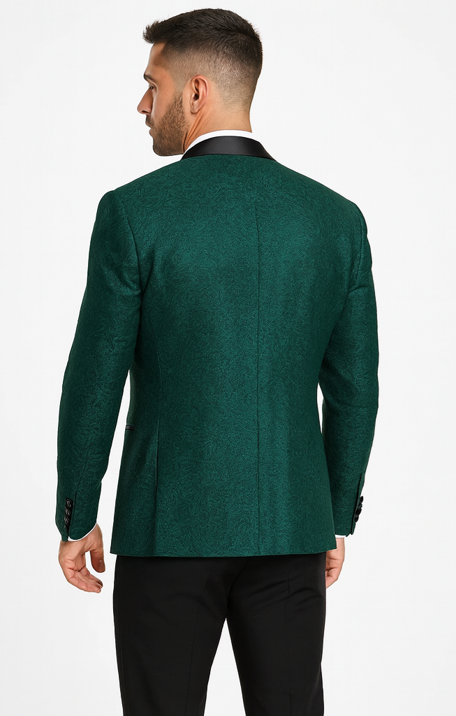 Men’s Hunter Green Vested Tuxedo – Floral Lace Designer Wedding Suit
