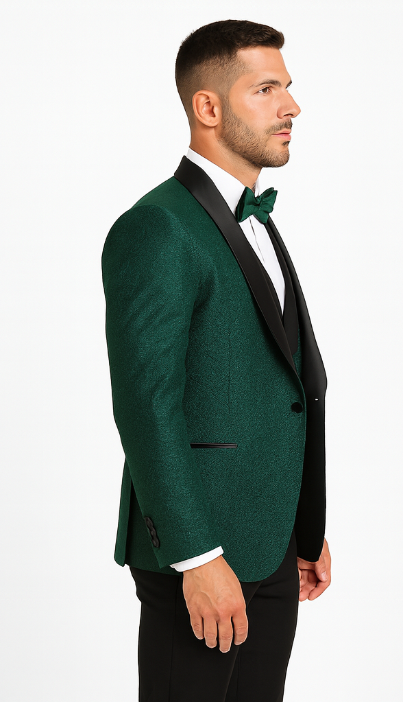 Men’s Hunter Green Vested Tuxedo – Floral Lace Designer Wedding Suit