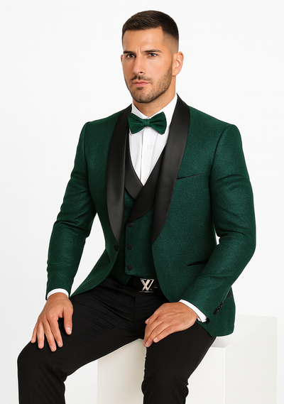 Men’s Hunter Green Vested Tuxedo – Floral Lace Designer Wedding Suit 4   - from alligatorwarehouse.com