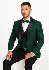 Men’s Hunter Green Vested Tuxedo – Floral Lace Designer Wedding Suit