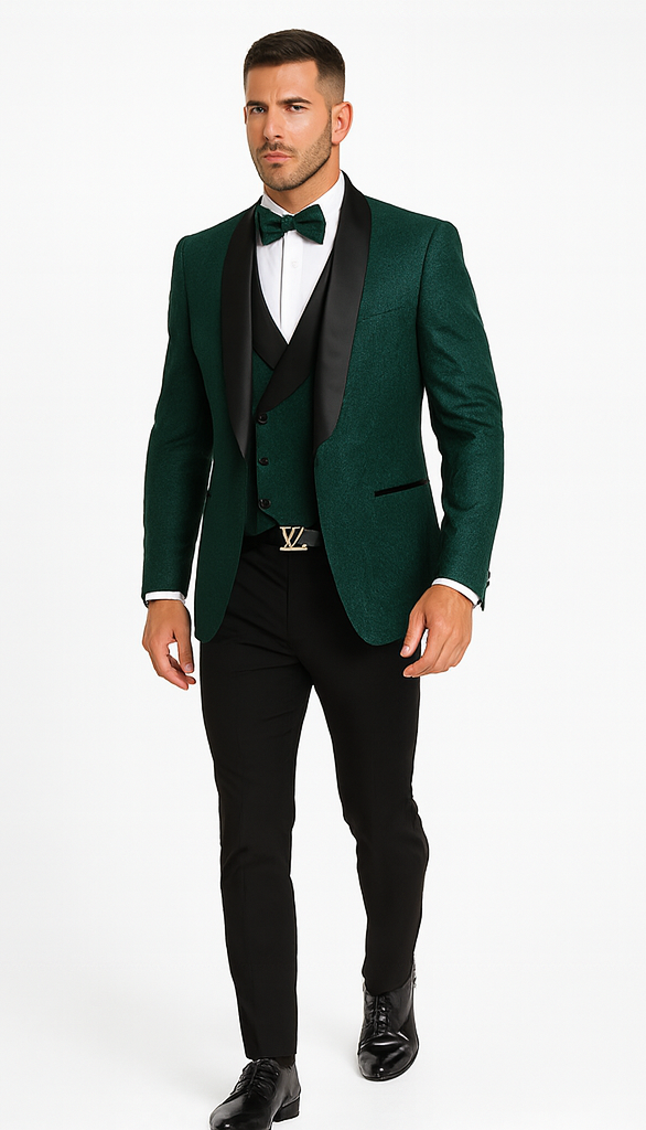 Men’s Hunter Green Vested Tuxedo – Floral Lace Designer Wedding Suit