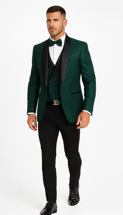 Men’s Hunter Green Vested Tuxedo – Floral Lace Designer Wedding Suit