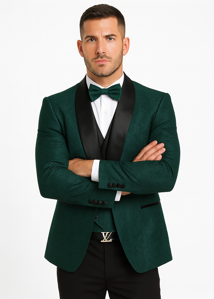 Men’s Hunter Green Vested Tuxedo – Floral Lace Designer Wedding Suit