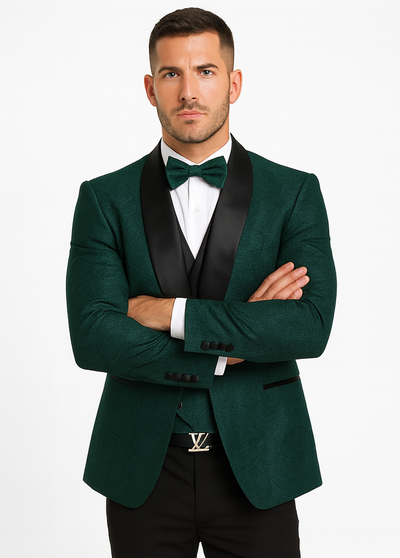 Men’s Hunter Green Vested Tuxedo – Floral Lace Designer Wedding Suit 6   - from alligatorwarehouse.com