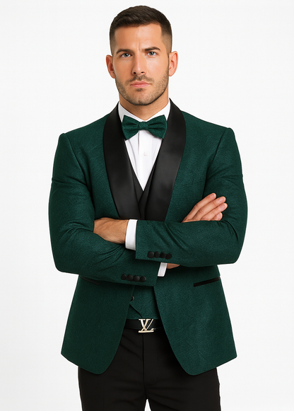 Men’s Hunter Green Vested Tuxedo – Floral Lace Designer Wedding Suit