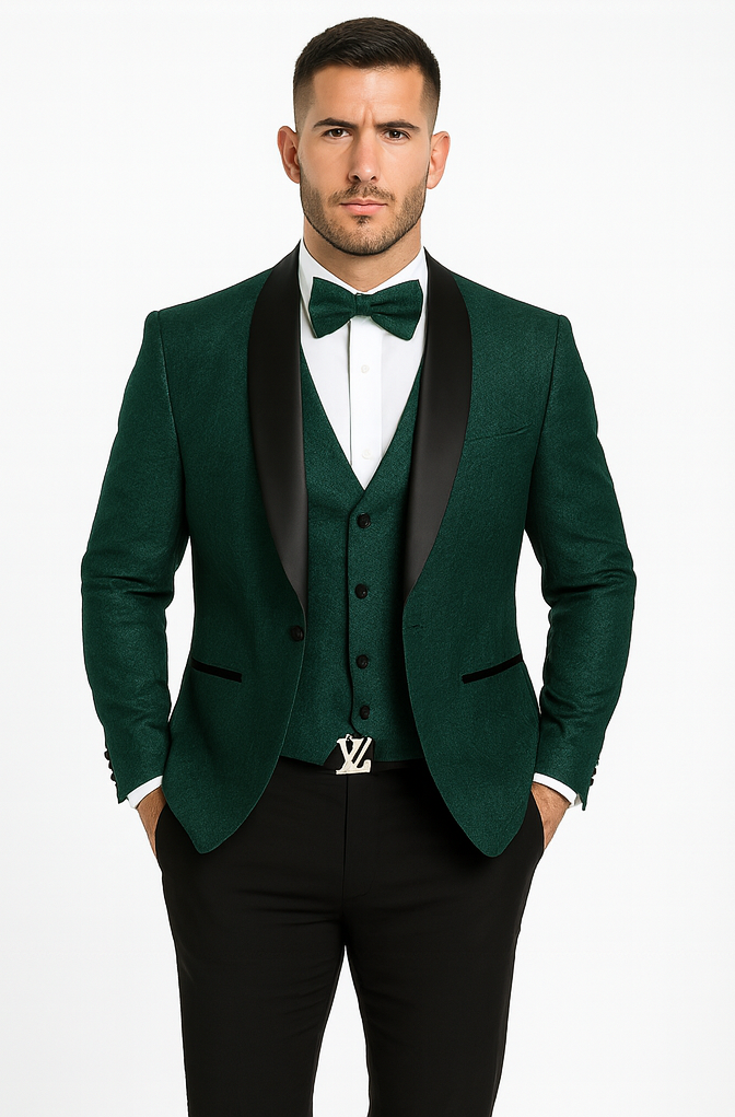 Men’s Hunter Green Vested Tuxedo – Floral Lace Designer Wedding Suit