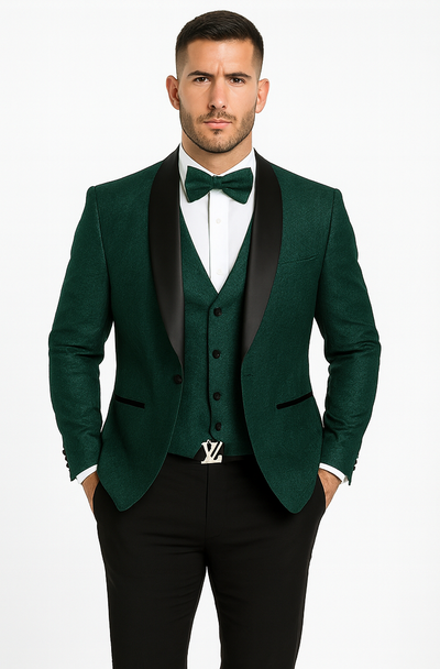 Men’s Hunter Green Vested Tuxedo – Floral Lace Designer Wedding Suit 7   - from alligatorwarehouse.com