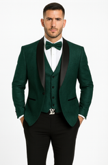 Men’s Hunter Green Vested Tuxedo – Floral Lace Designer Wedding Suit