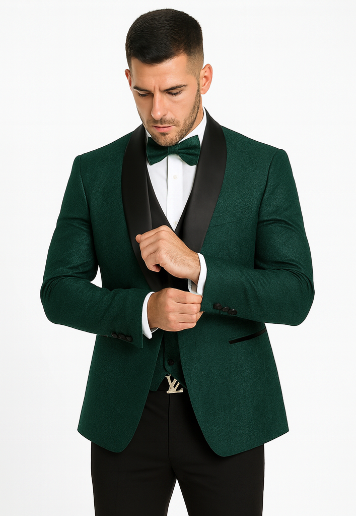 Men’s Hunter Green Vested Tuxedo – Floral Lace Designer Wedding Suit