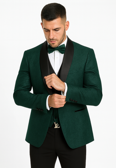 Men’s Hunter Green Vested Tuxedo – Floral Lace Designer Wedding Suit 8   - from alligatorwarehouse.com