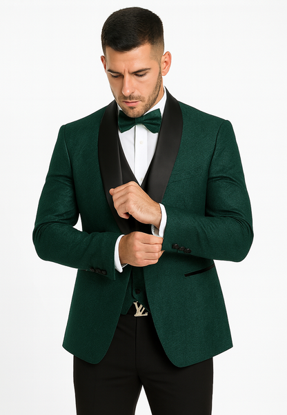 Men’s Hunter Green Vested Tuxedo – Floral Lace Designer Wedding Suit