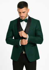 Men’s Hunter Green Vested Tuxedo – Floral Lace Designer Wedding Suit