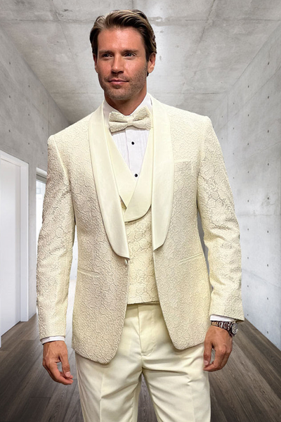Men’s Ivory Vested Tuxedo – Stylish Floral Lace Designer Wedding Suit 9   - from alligatorwarehouse.com