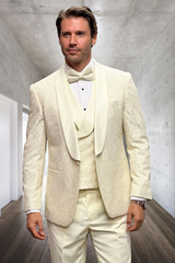 Men’s Ivory Vested Tuxedo – Stylish Floral Lace Designer Wedding Suit