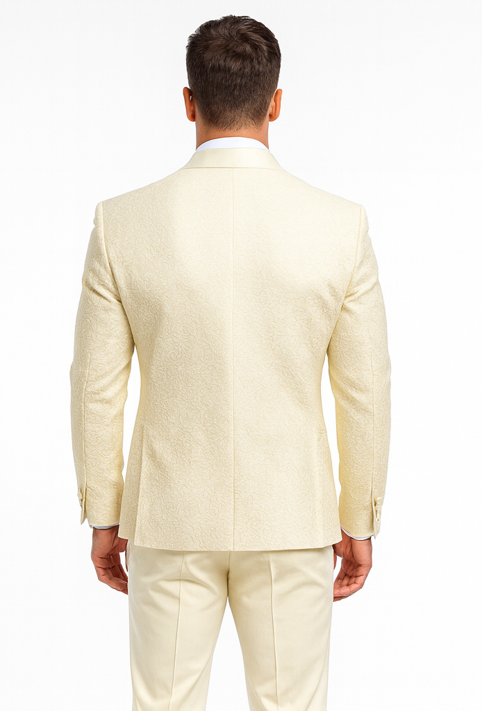 Men’s Ivory Vested Tuxedo – Stylish Floral Lace Designer Wedding Suit