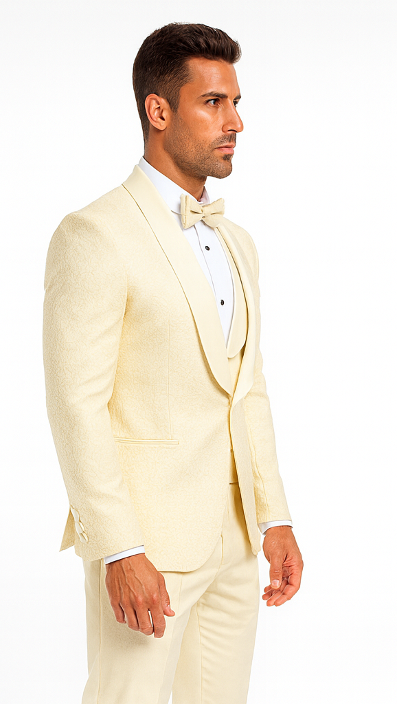 Men’s Ivory Vested Tuxedo – Stylish Floral Lace Designer Wedding Suit