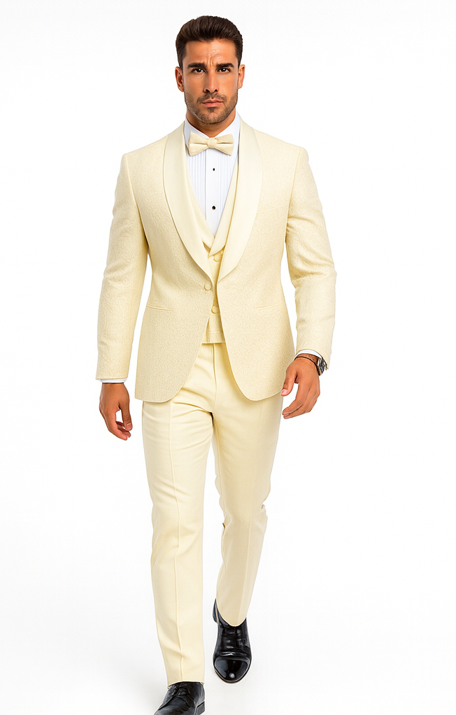 Men’s Ivory Vested Tuxedo – Stylish Floral Lace Designer Wedding Suit