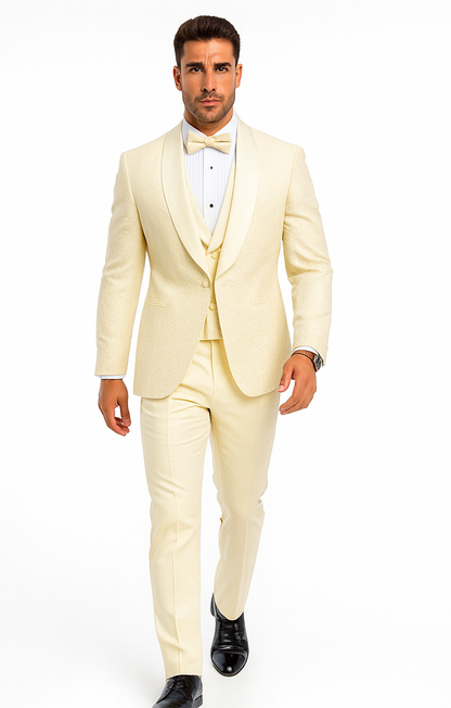 Men’s Ivory Vested Tuxedo – Stylish Floral Lace Designer Wedding Suit