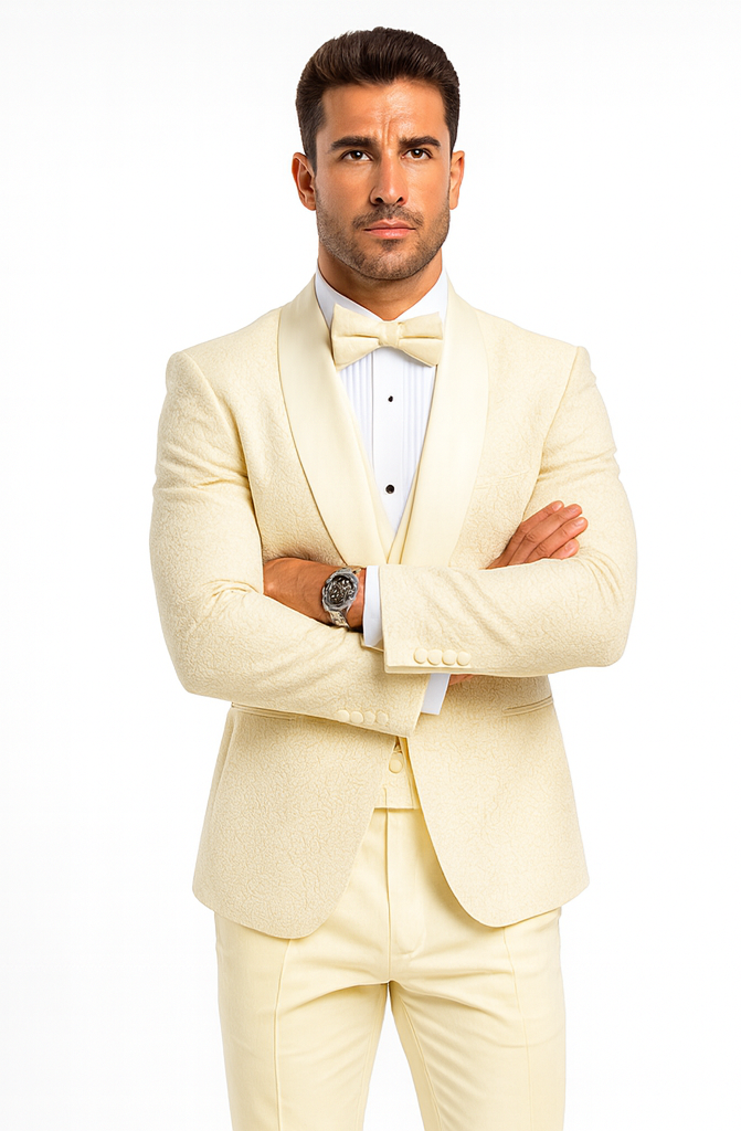 Men’s Ivory Vested Tuxedo – Stylish Floral Lace Designer Wedding Suit