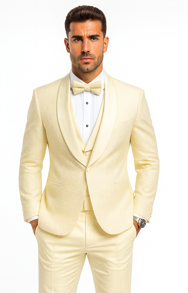 Men’s Ivory Vested Tuxedo – Stylish Floral Lace Designer Wedding Suit