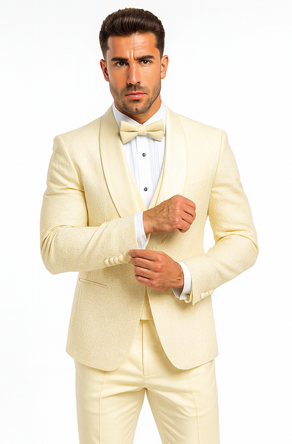 Men’s Ivory Vested Tuxedo – Stylish Floral Lace Designer Wedding Suit