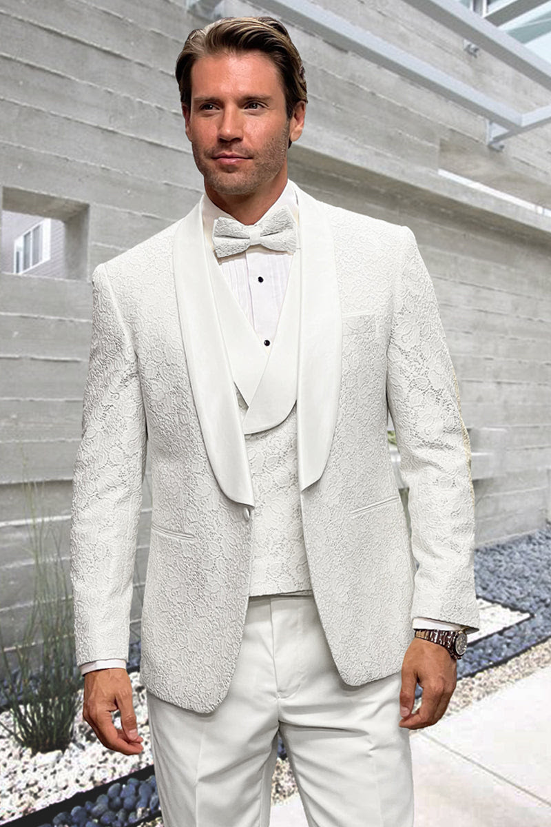 Men’s White Vested Tuxedo – Stylish Floral Lace Designer Wedding Suit