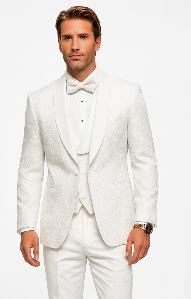 Men’s White Vested Tuxedo – Stylish Floral Lace Designer Wedding Suit