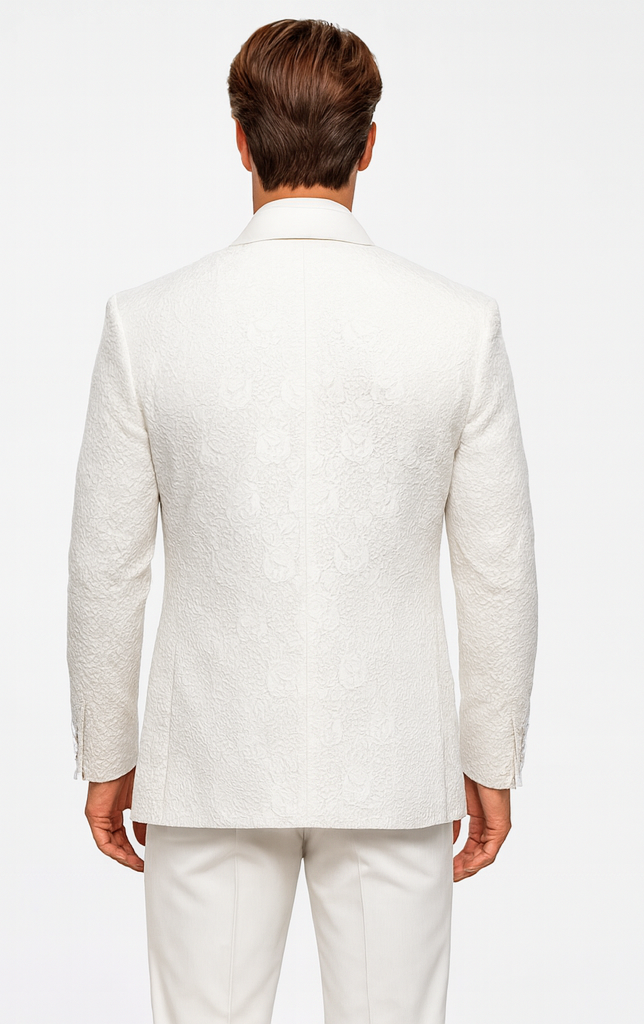Men’s White Vested Tuxedo – Stylish Floral Lace Designer Wedding Suit