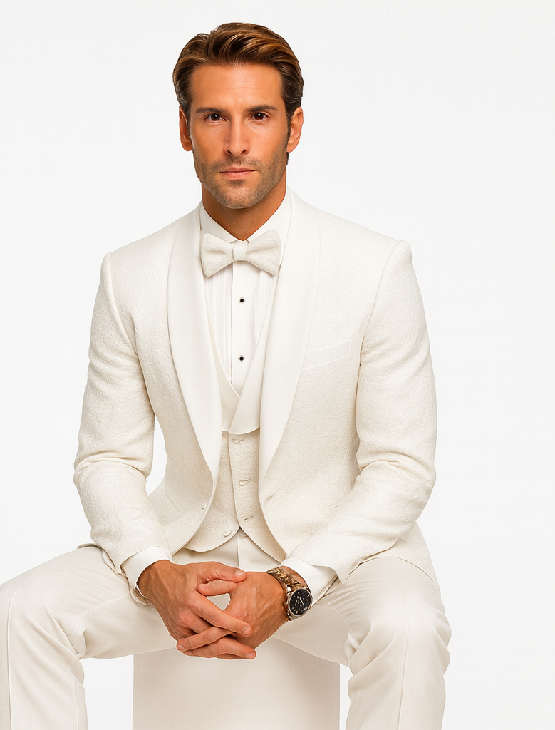 Men’s White Vested Tuxedo – Stylish Floral Lace Designer Wedding Suit