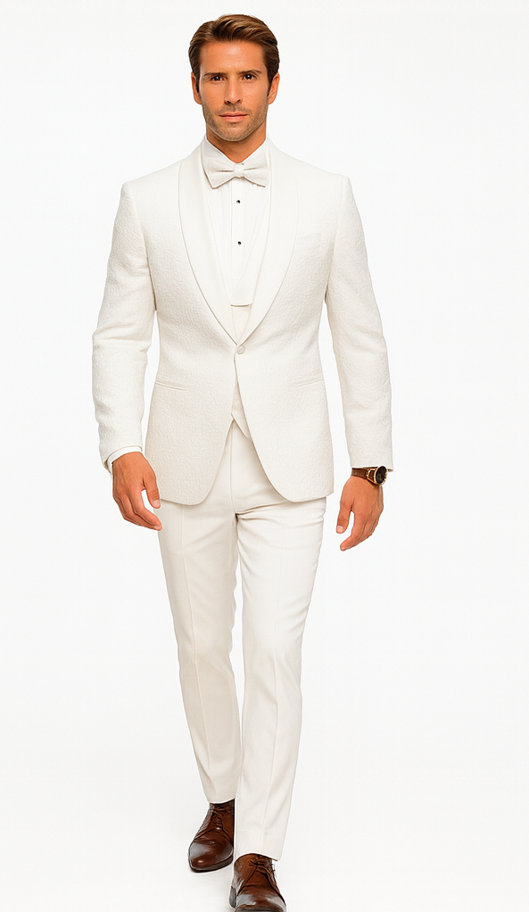 Men’s White Vested Tuxedo – Stylish Floral Lace Designer Wedding Suit