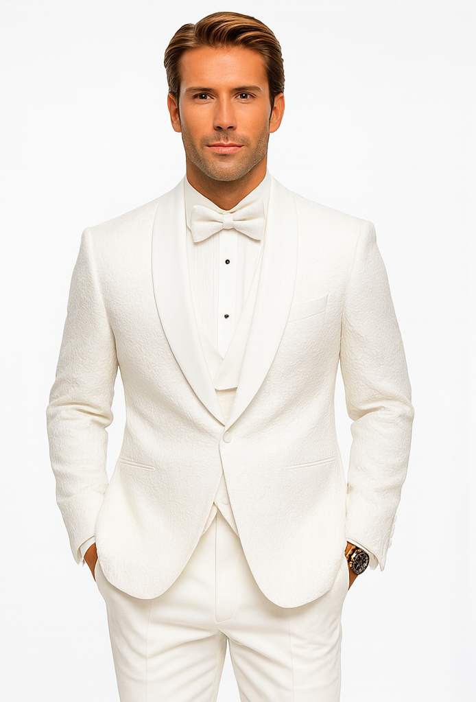Men’s White Vested Tuxedo – Stylish Floral Lace Designer Wedding Suit