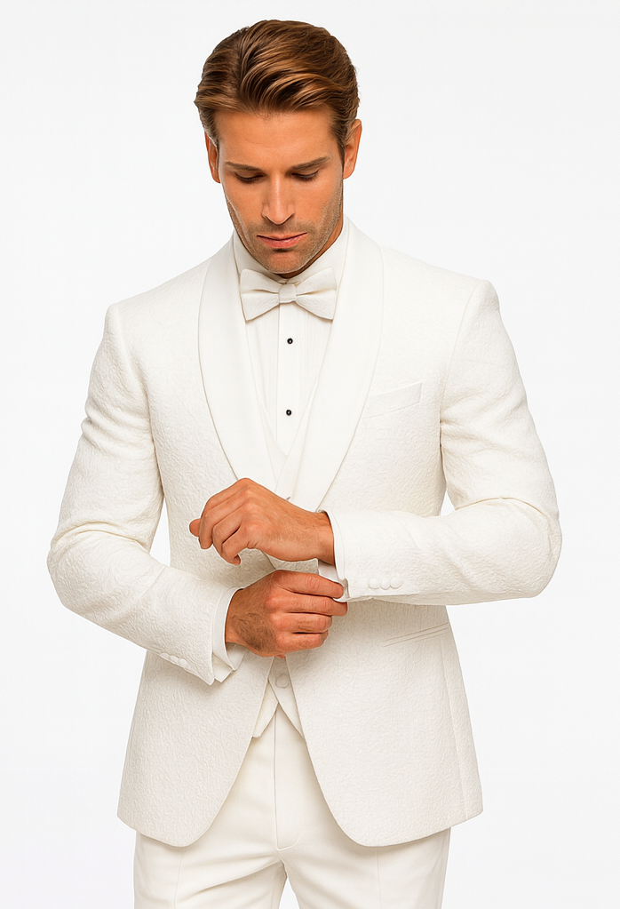 Men’s White Vested Tuxedo – Stylish Floral Lace Designer Wedding Suit