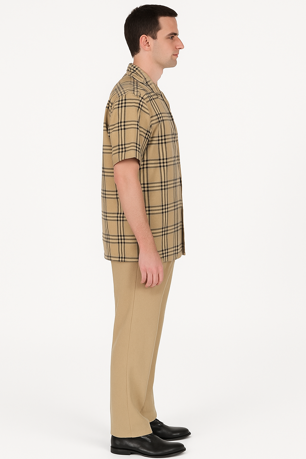 Beige Check Button Shirt for Men – Casual Plaid Design