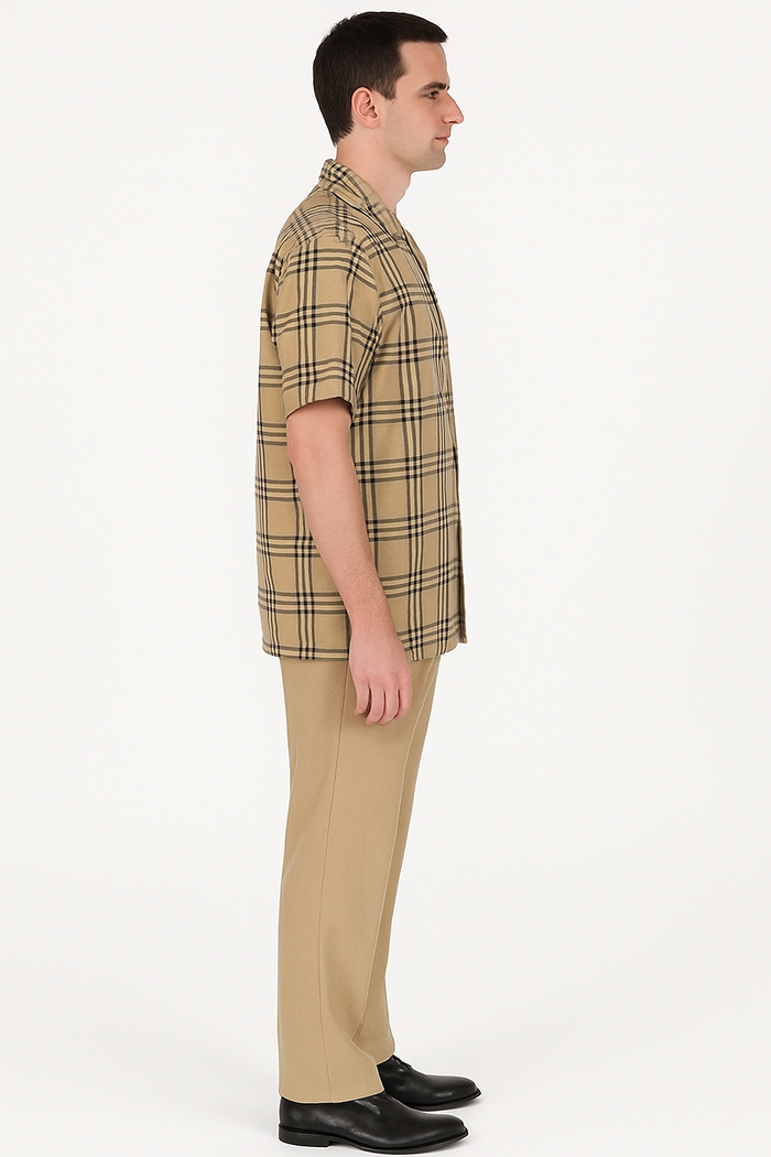 Beige Check Button Shirt for Men – Casual Plaid Design