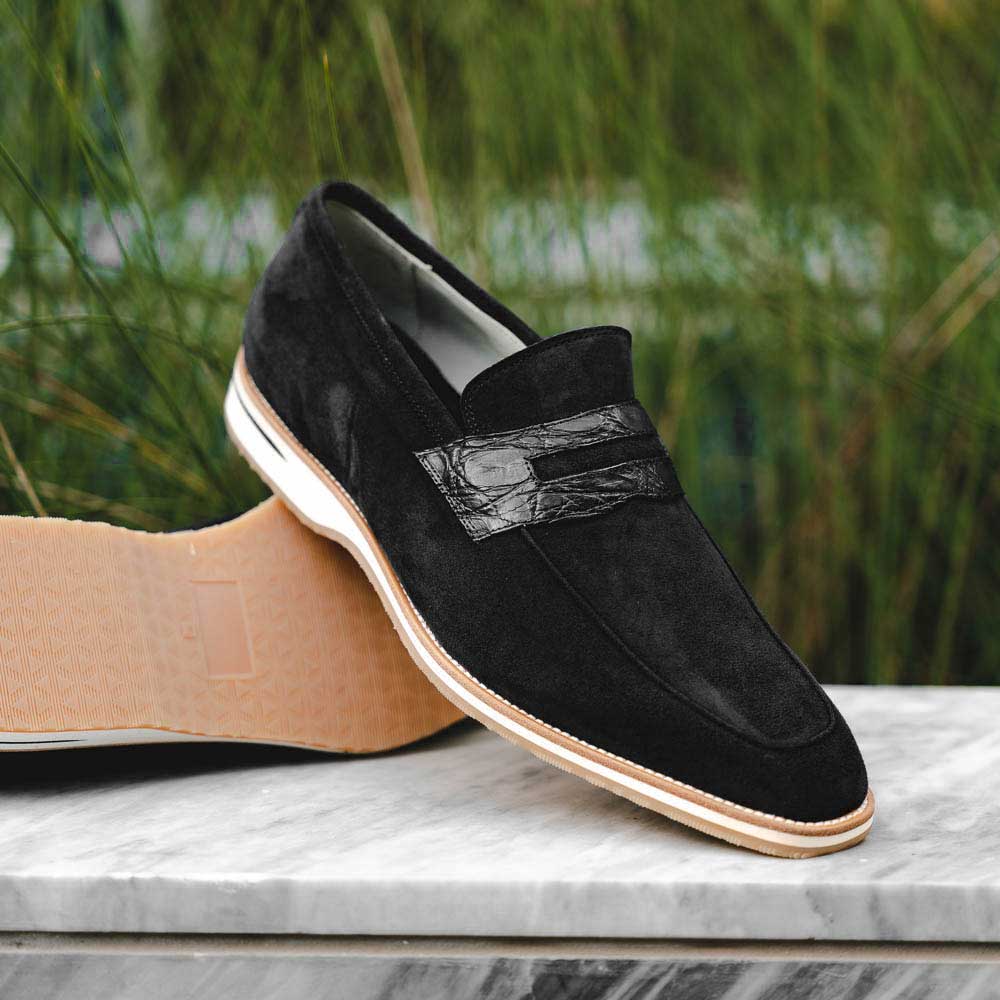 Zelli Meo 3 Suede and Crocodile Penny Loafers in Black