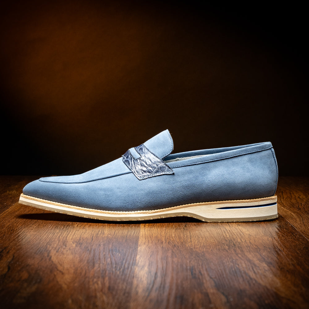 Zelli Meo 3 Suede and Genuine Crocodile Penny Loafers in Water Blue