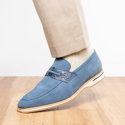 Zelli Meo 3 Suede and Genuine Crocodile Penny Loafers in Water Blue