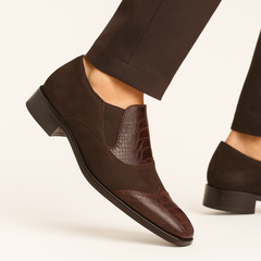Brown Ostrich and English Suede Gored Slip On Dress Shoes for men By Mezlan Made In Spain Brand