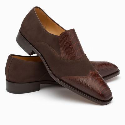 Brown Ostrich and English Suede Gored Slip On Dress Shoes for men By Mezlan Made In Spain Brand 4   - from alligatorwarehouse.com