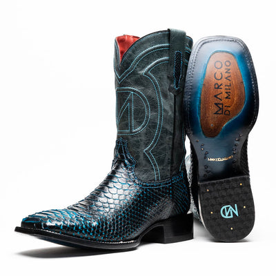 Marco Di Milano Missouri Black / Blue Python Square Toe Cowboy Boots 1   - from alligatorwarehouse.com