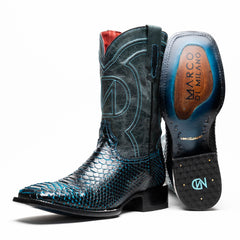 Marco Di Milano Missouri Black / Blue Python Square Toe Cowboy Boots