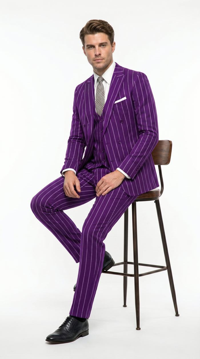 Men’s Purple Pinstripe 1920s Gangster Suit with Jacket, Vest and Pants, Vintage Formal Dress Suit