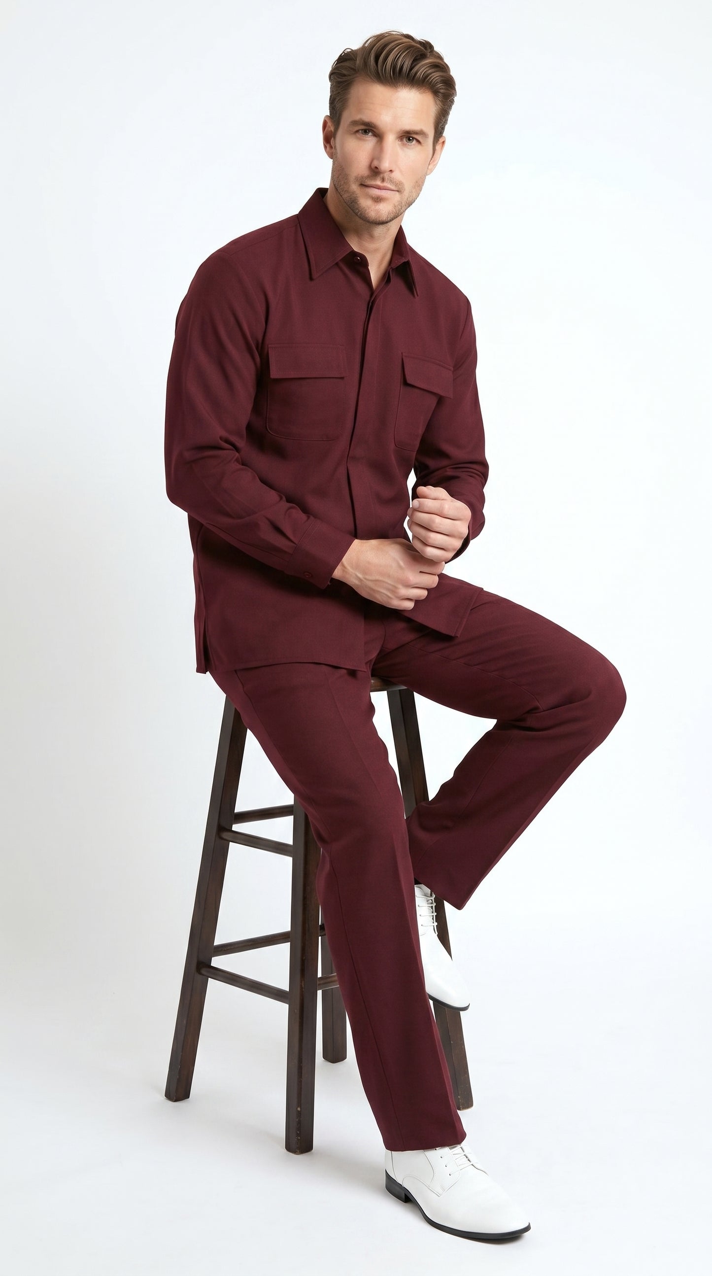 Men’s Apollo King Burgundy 2 Piece Walking Suit with Long Sleeve Shirt Jacket and Matching Pants