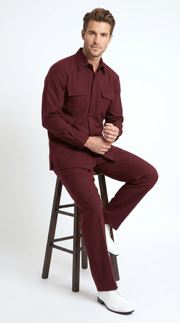 Men’s Apollo King Burgundy 2 Piece Walking Suit with Long Sleeve Shirt Jacket and Matching Pants