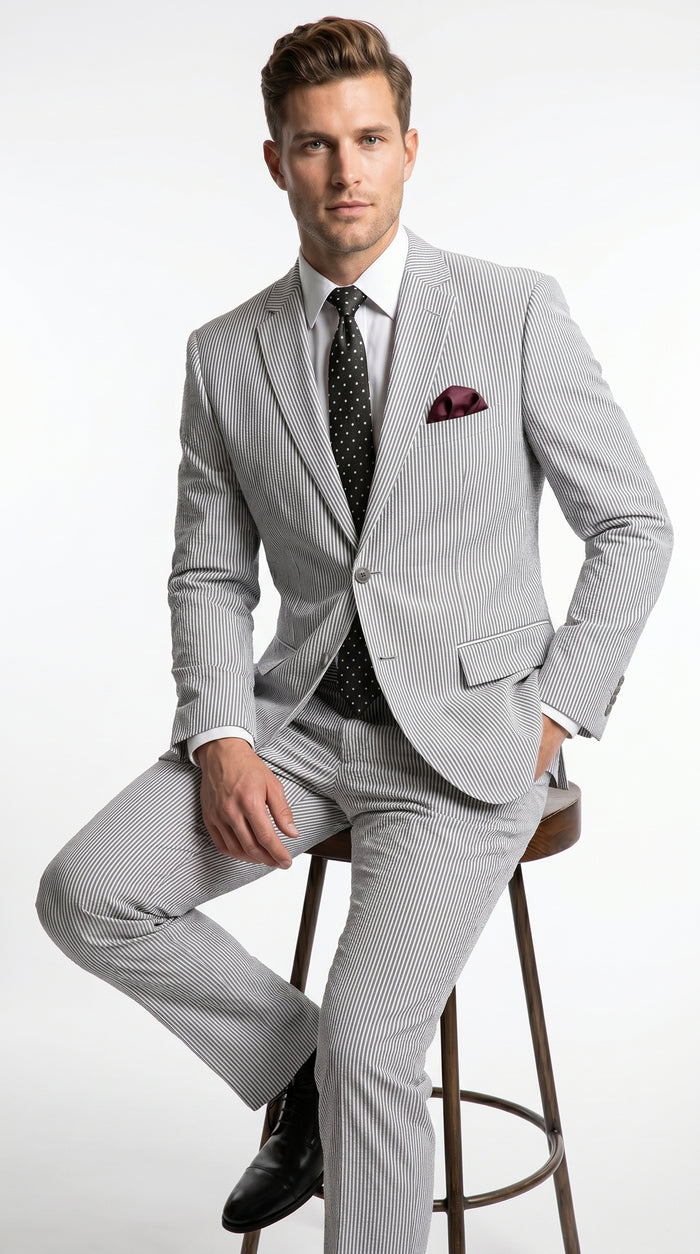 Men’s Black Pinstripe Summer Seersucker 2 Piece Suit with Jacket and Pants